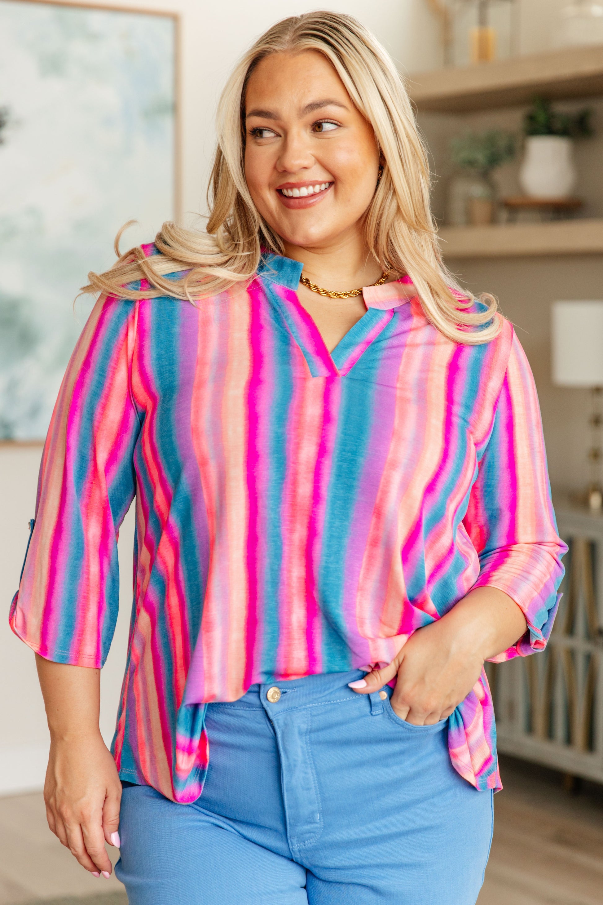 Lizzy Top in Blue and Pink Stripe - FamFancy Boutique