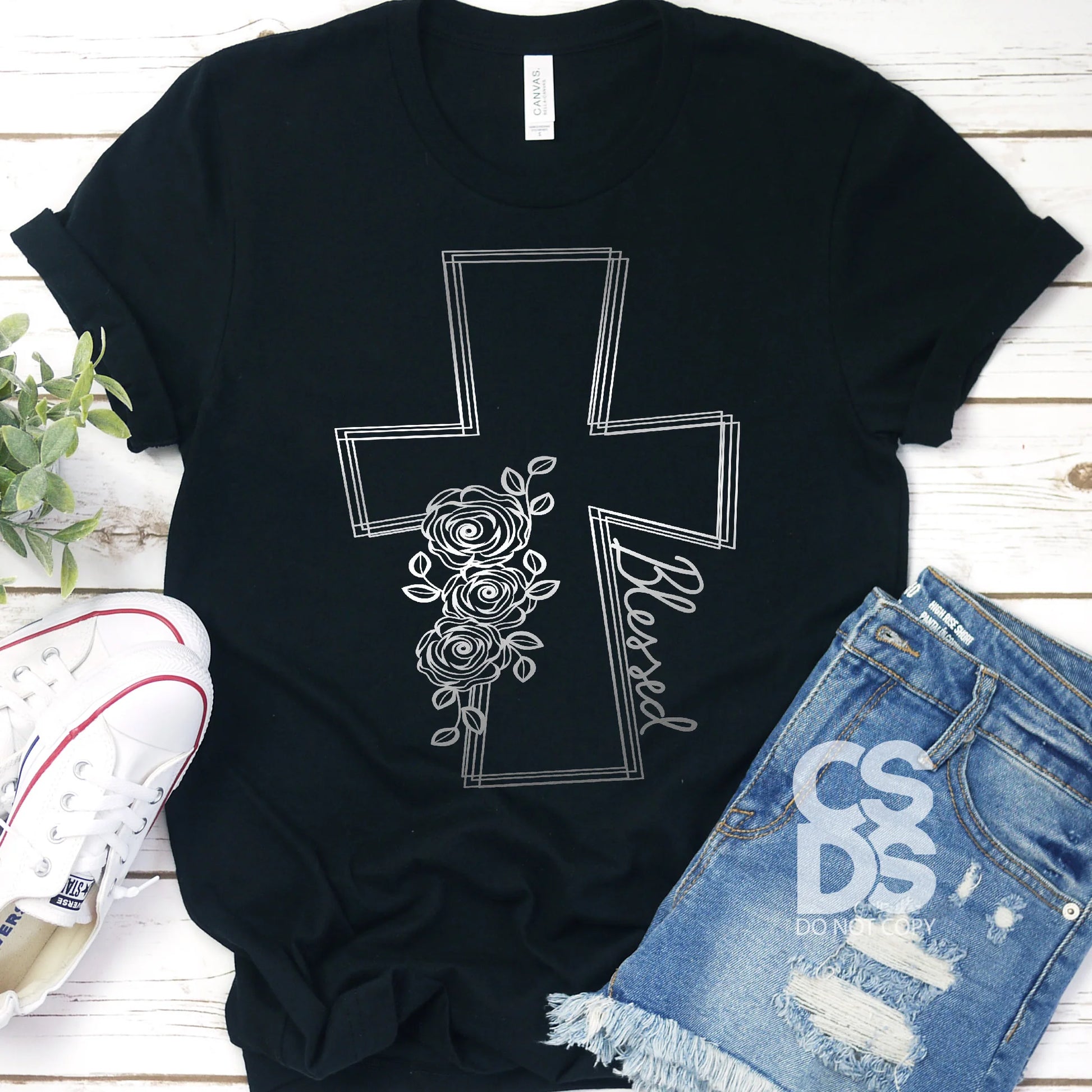 Blessed Floral Cross - Metallic Silver - FamFancy Boutique
