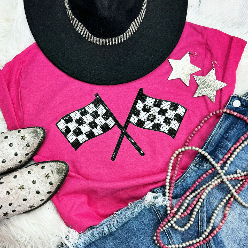Checkered Flag Sequin tee - FamFancy Boutique