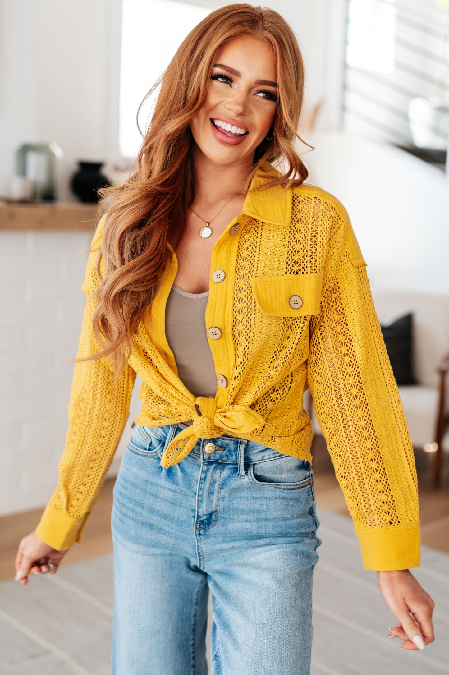 Sweeter Than Nectar Lace Button Down in Honey - FamFancy Boutique