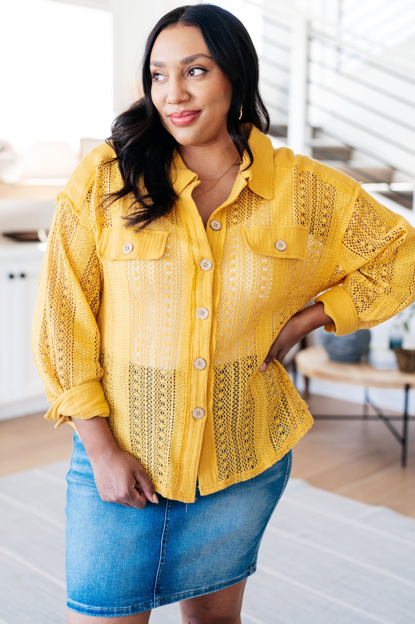 Sweeter Than Nectar Lace Button Down in Honey - FamFancy Boutique