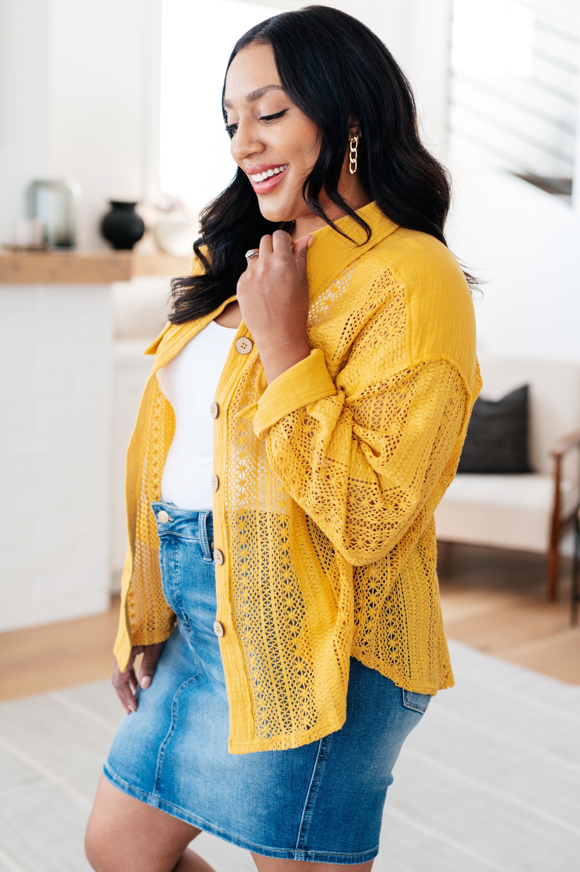 Sweeter Than Nectar Lace Button Down in Honey - FamFancy Boutique