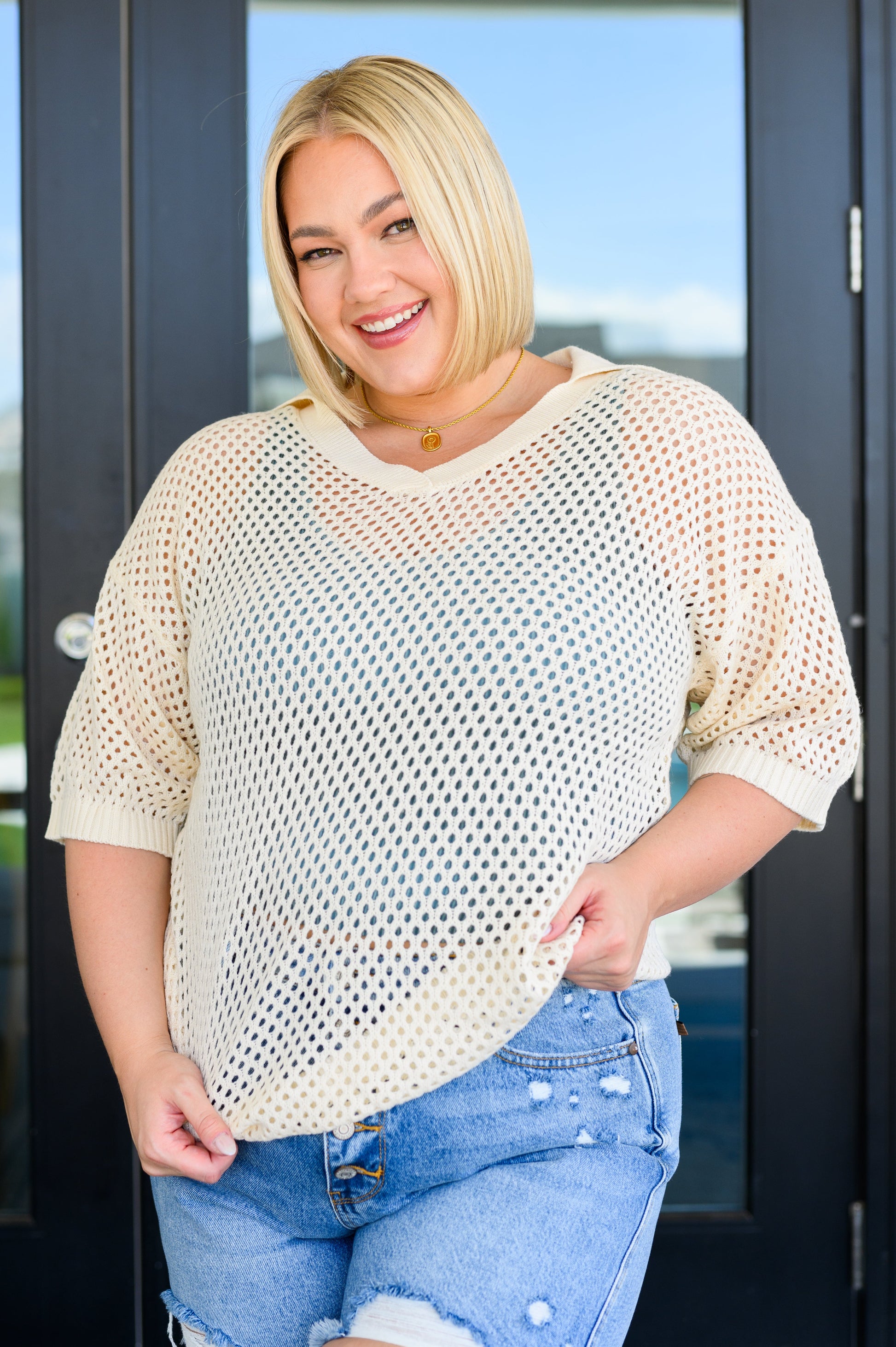 Under The Boardwalk Fishnet Collared Top - FamFancy Boutique