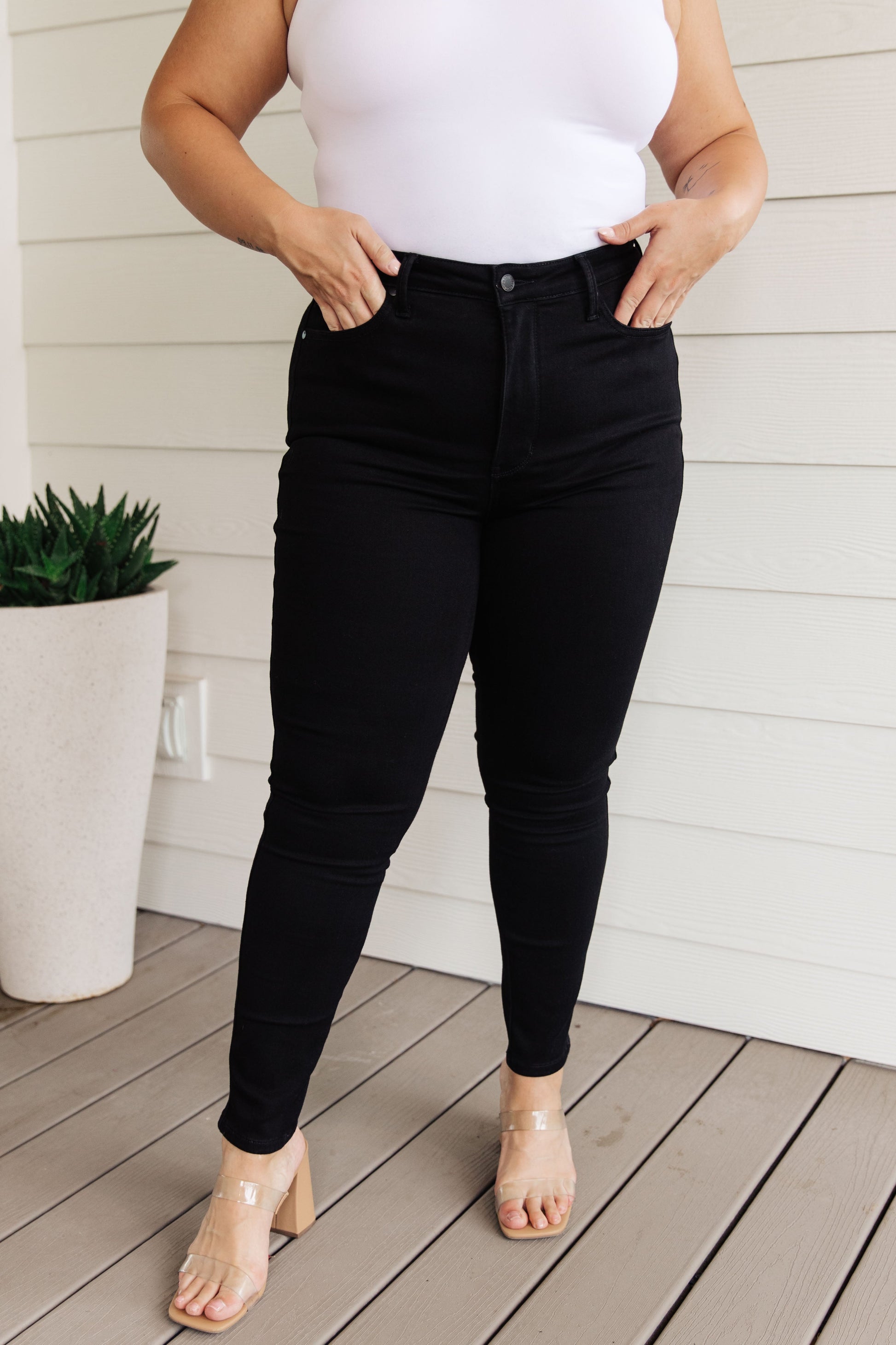 Audrey High Rise Control Top Classic Skinny Jeans in Black - FamFancy Boutique