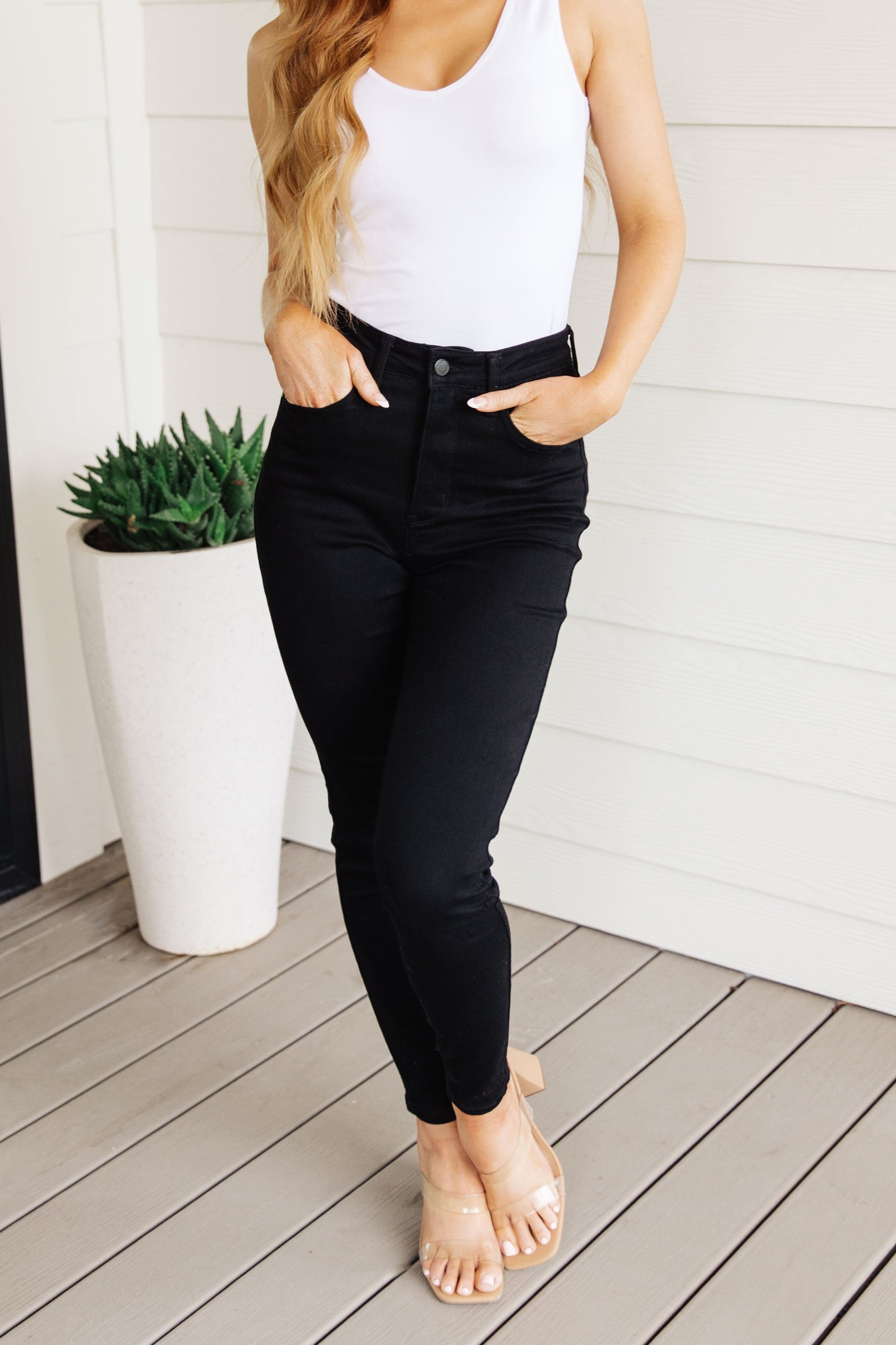 Audrey High Rise Control Top Classic Skinny Jeans in Black - FamFancy Boutique