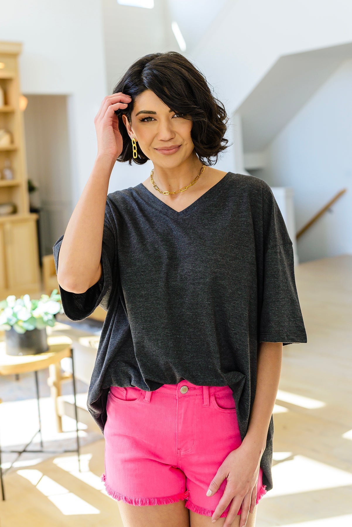 Boxy V Neck Boyfriend Tee In Charcoal - FamFancy Boutique