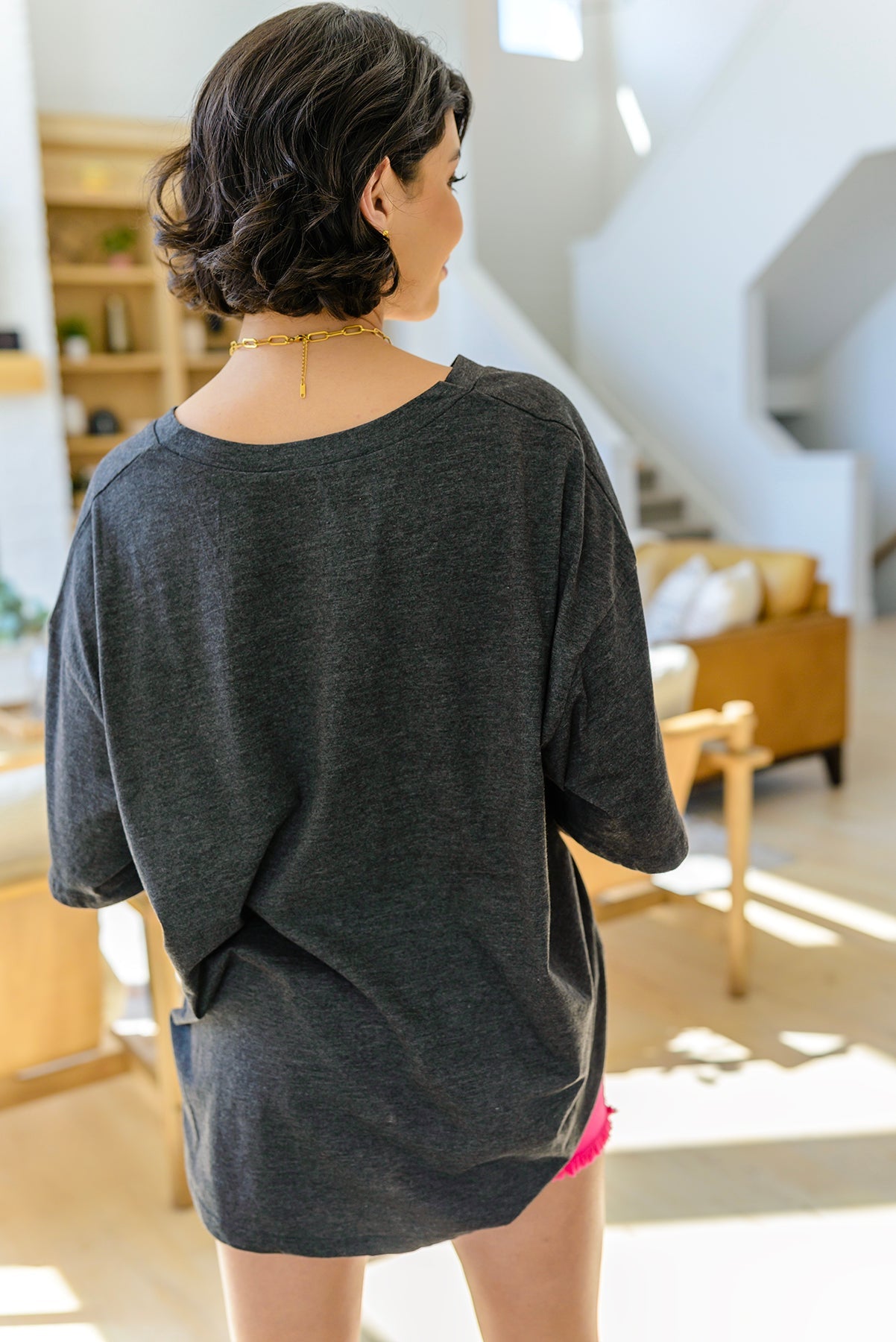 Boxy V Neck Boyfriend Tee In Charcoal - FamFancy Boutique