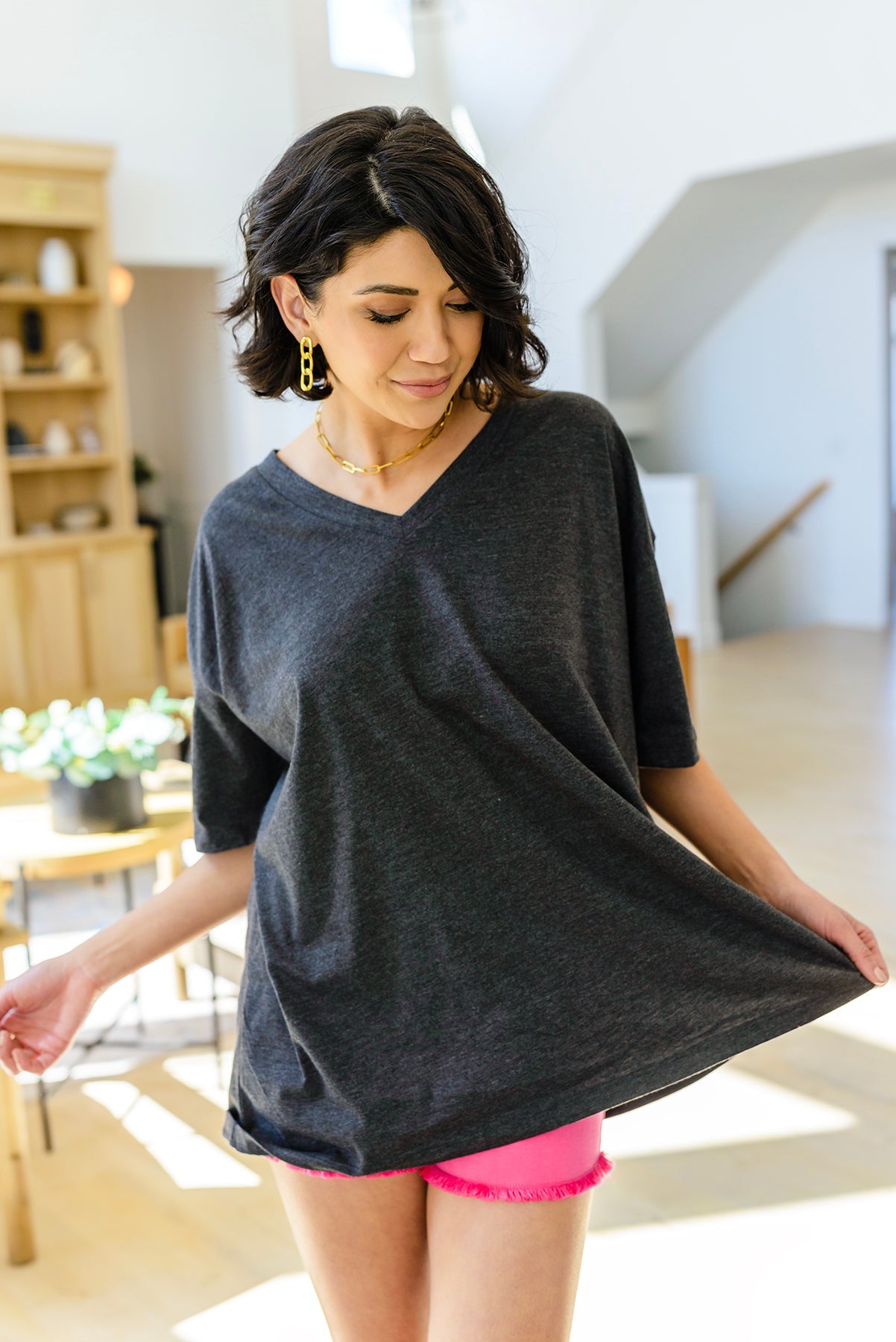 Boxy V Neck Boyfriend Tee In Charcoal - FamFancy Boutique