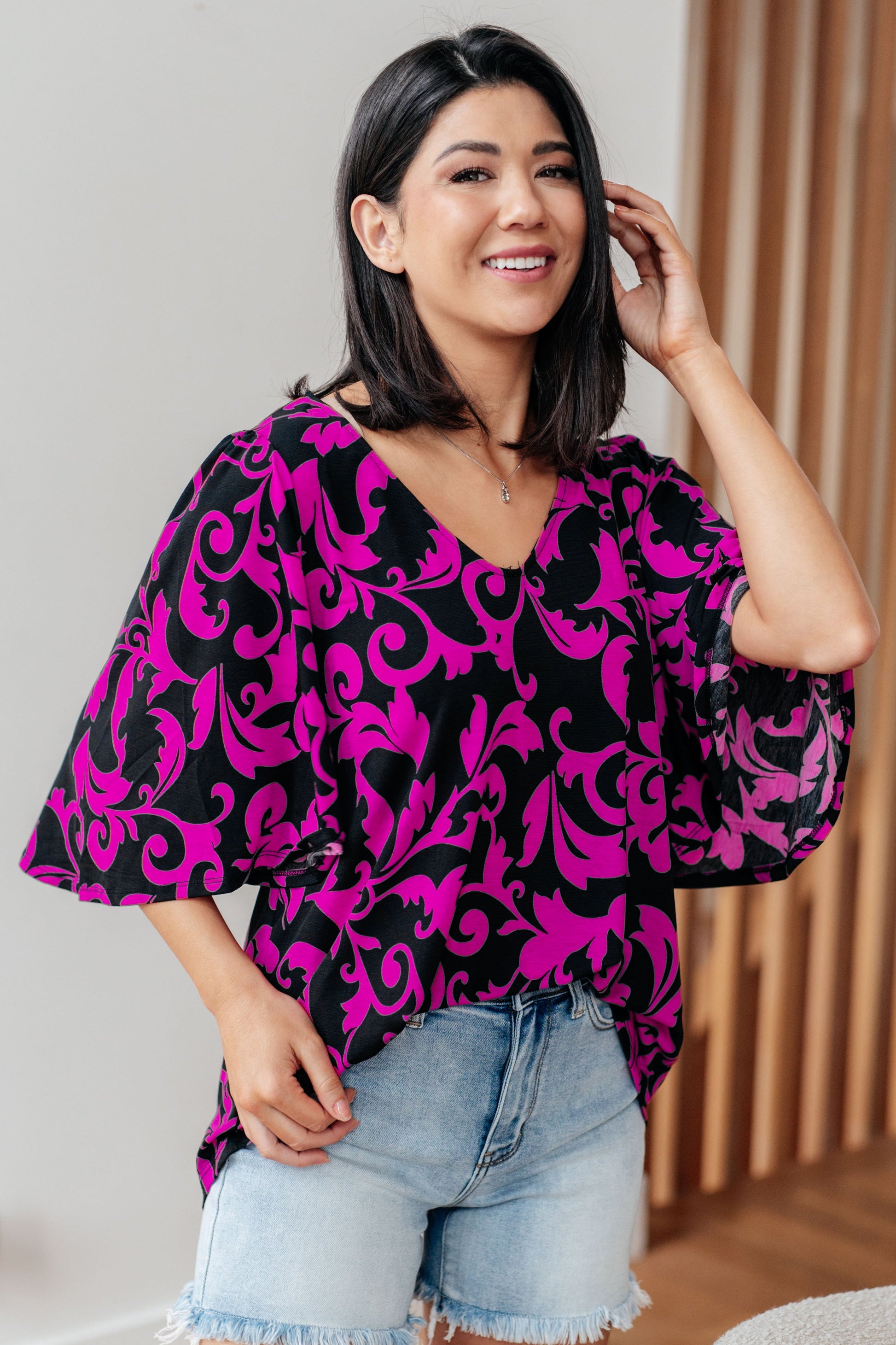 Casually Cute V-Neck Top in Magenta - FamFancy Boutique