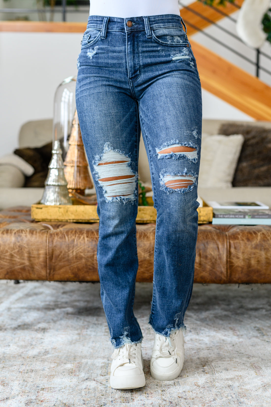 Christine High Contrast Slim Bootcut Destroyed Jeans - FamFancy Boutique