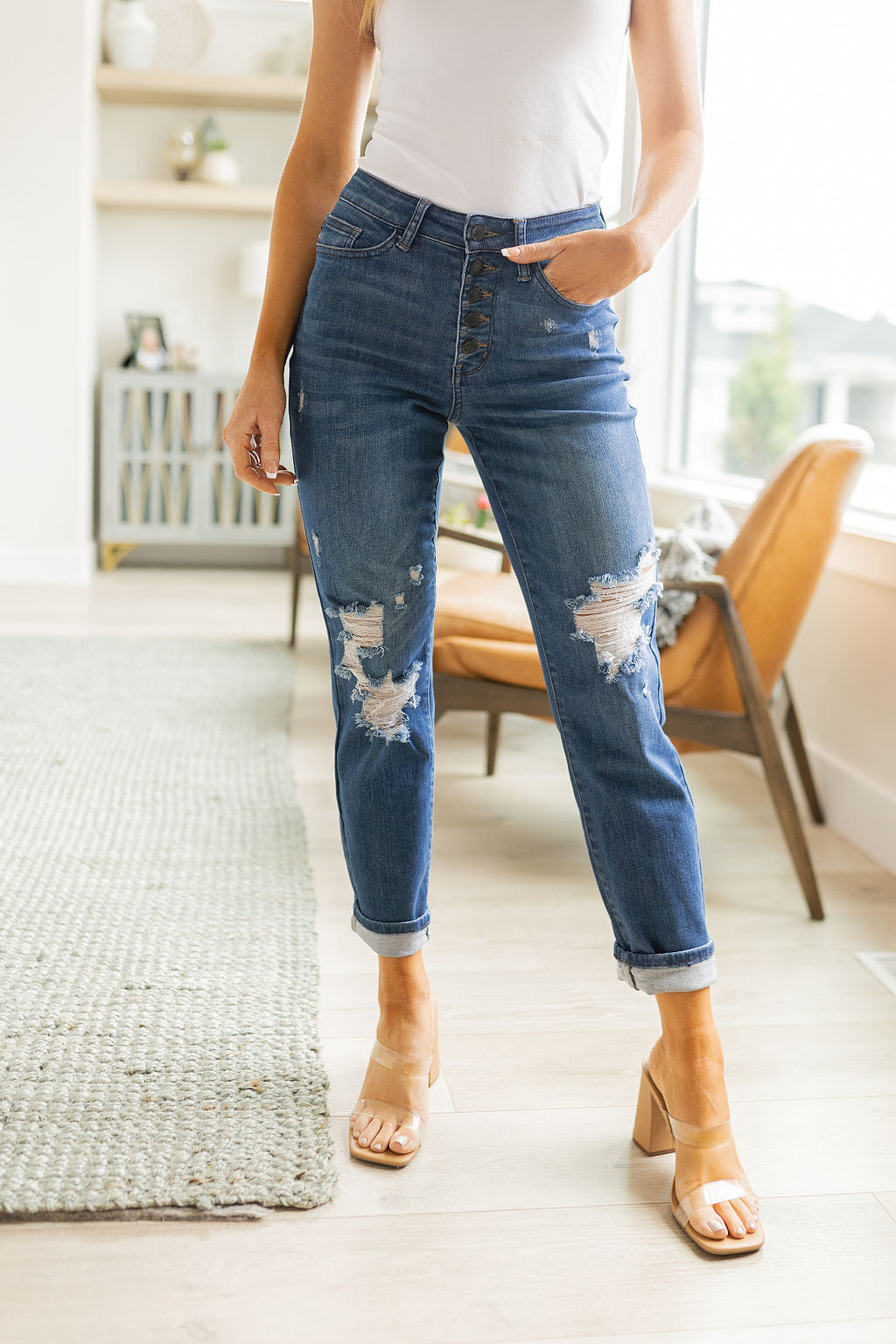 Colt High Rise Button Fly Distressed Boyfriend Jeans - FamFancy Boutique