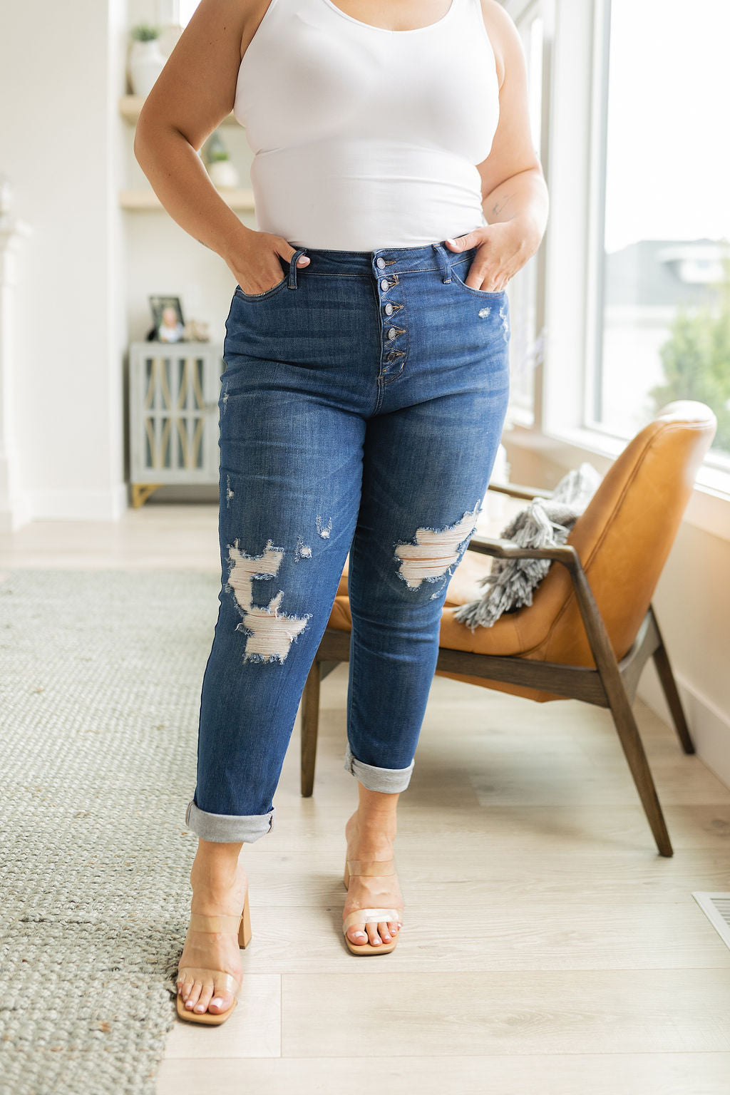 Colt High Rise Button Fly Distressed Boyfriend Jeans - FamFancy Boutique