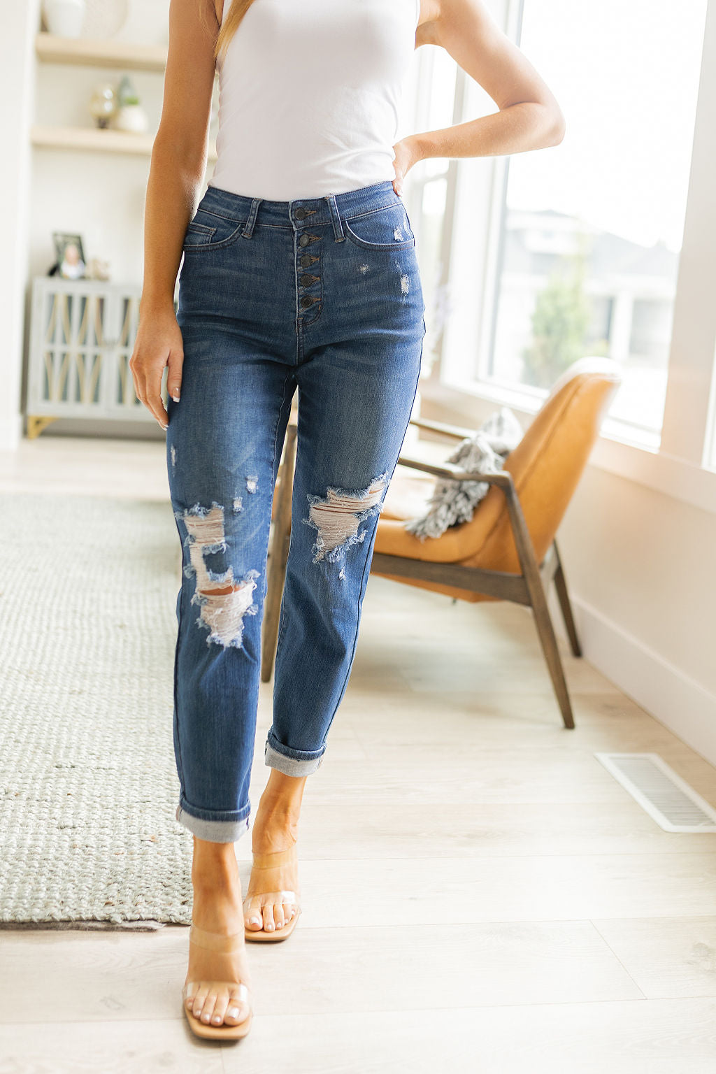 Colt High Rise Button Fly Distressed Boyfriend Jeans - FamFancy Boutique