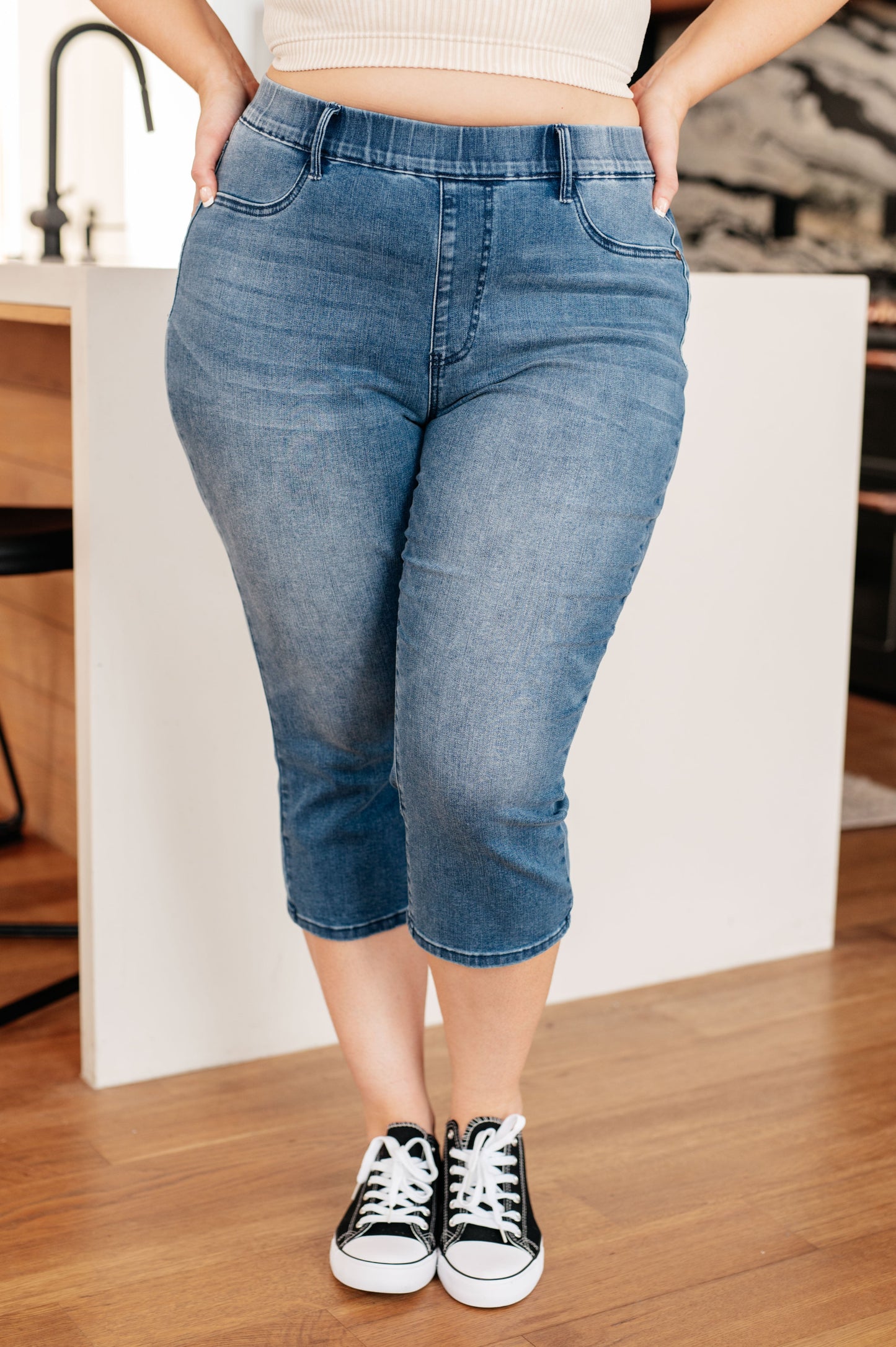 Emily High Rise Cool Denim Pull On Capri Jeans - FamFancy Boutique