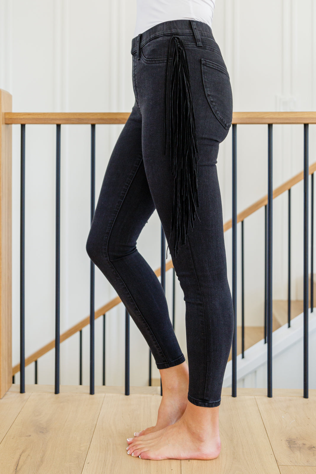 Hilary Side Fringe Skinny Jegging In Black - FamFancy Boutique