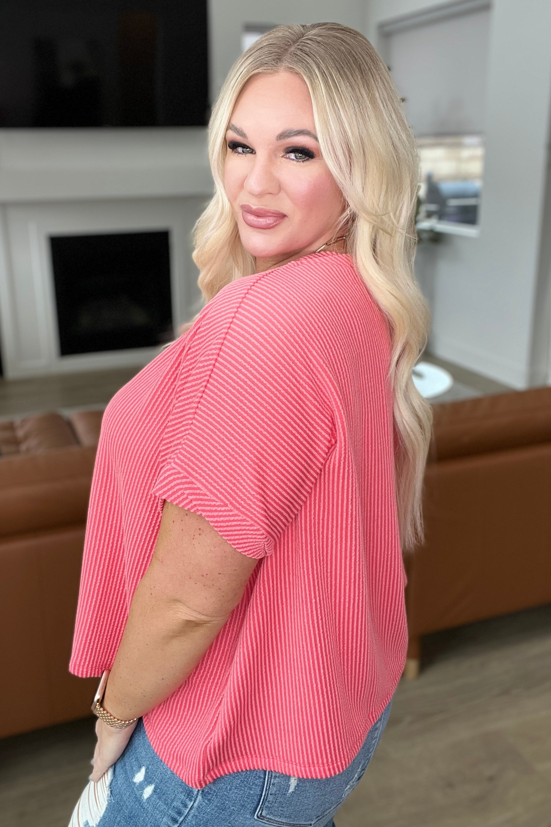 Textured Line Twisted Short Sleeve Top in Coral - FamFancy Boutique