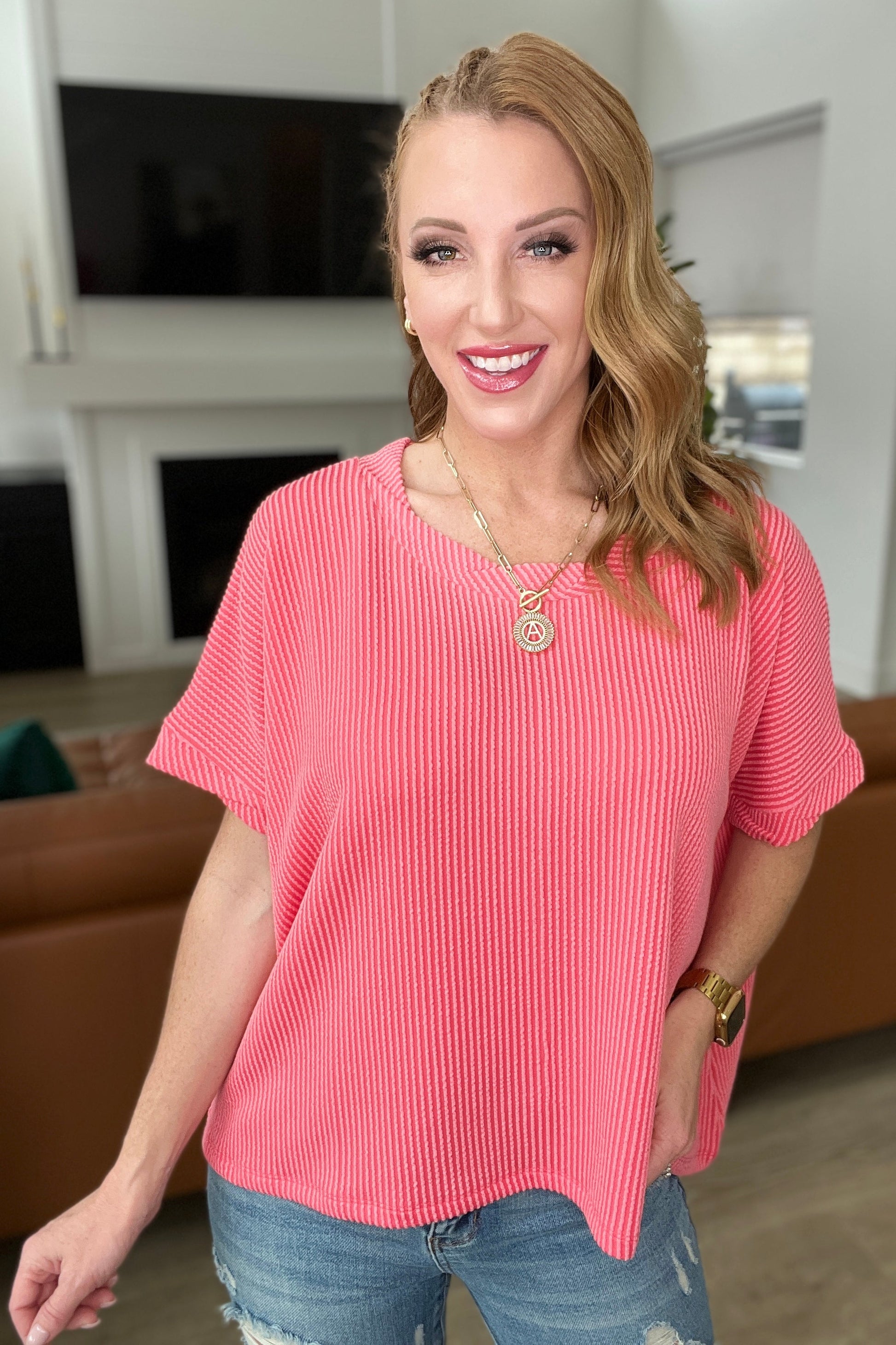 Textured Line Twisted Short Sleeve Top in Coral - FamFancy Boutique