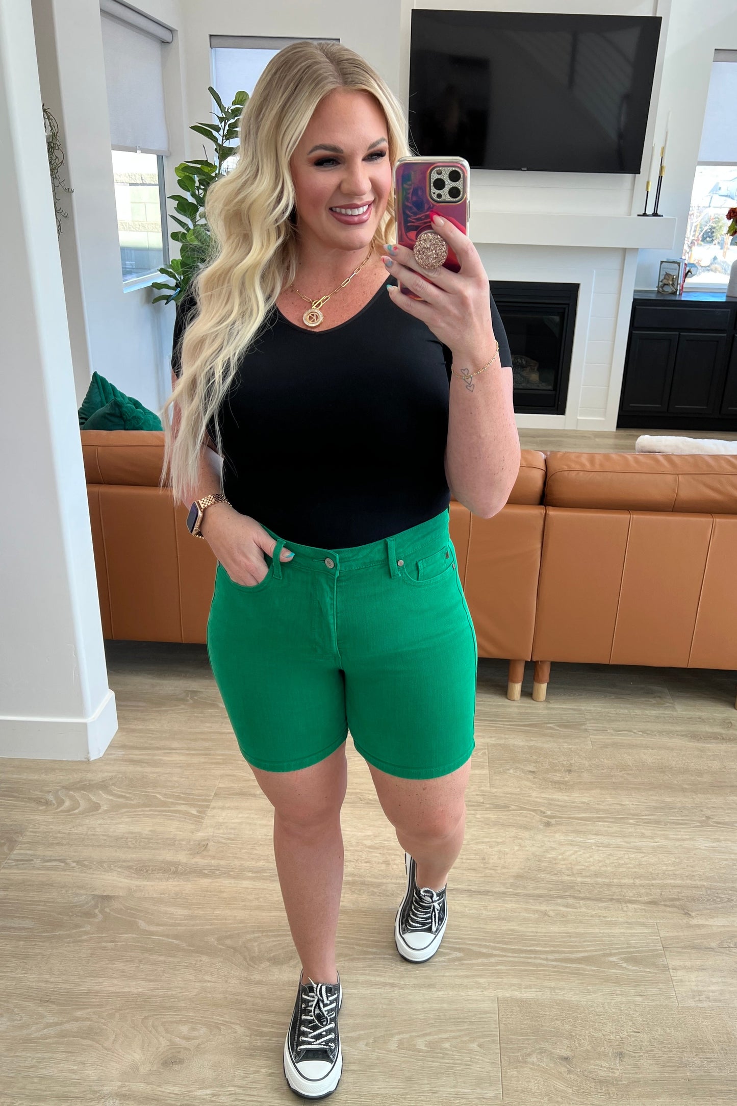 Jenna High Rise Control Top Cuffed Shorts in Green - FamFancy Boutique