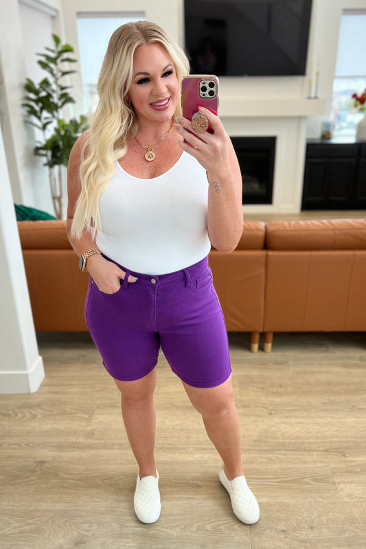 Jenna High Rise Control Top Cuffed Shorts in Purple - FamFancy Boutique