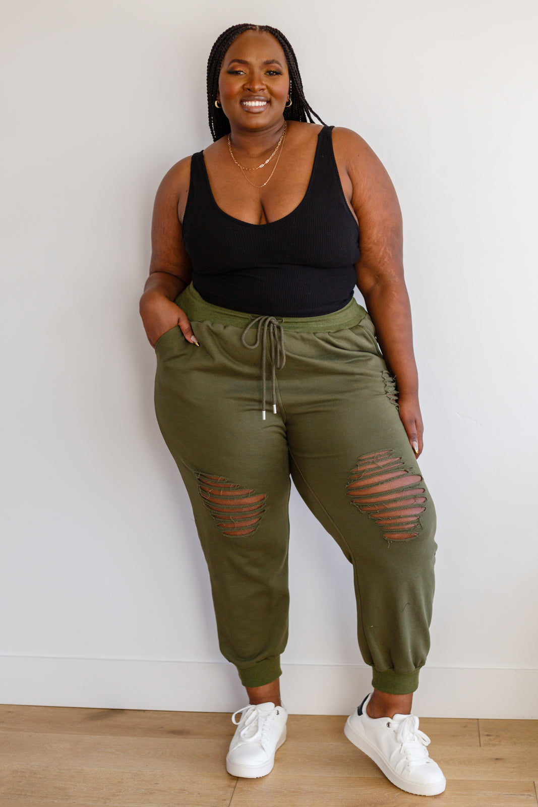 Kick Back Distressed Joggers in Olive - FamFancy Boutique