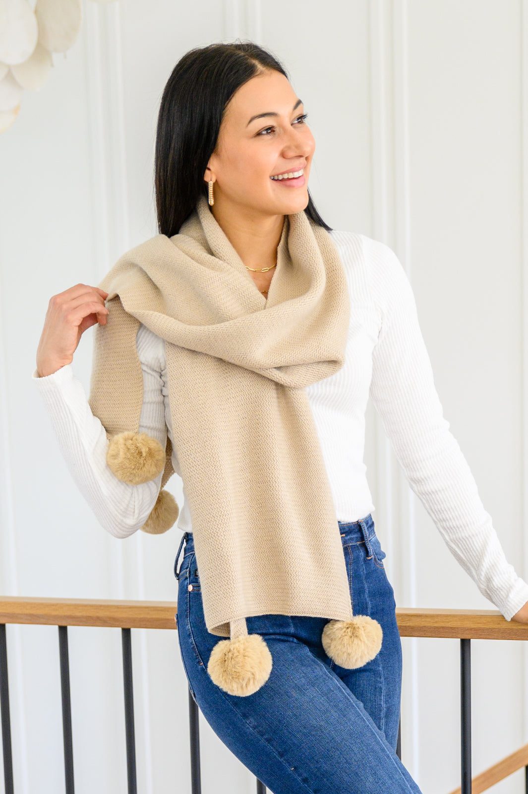 Knitted Fuzzy Pom Pom Scarf In Beige - FamFancy Boutique