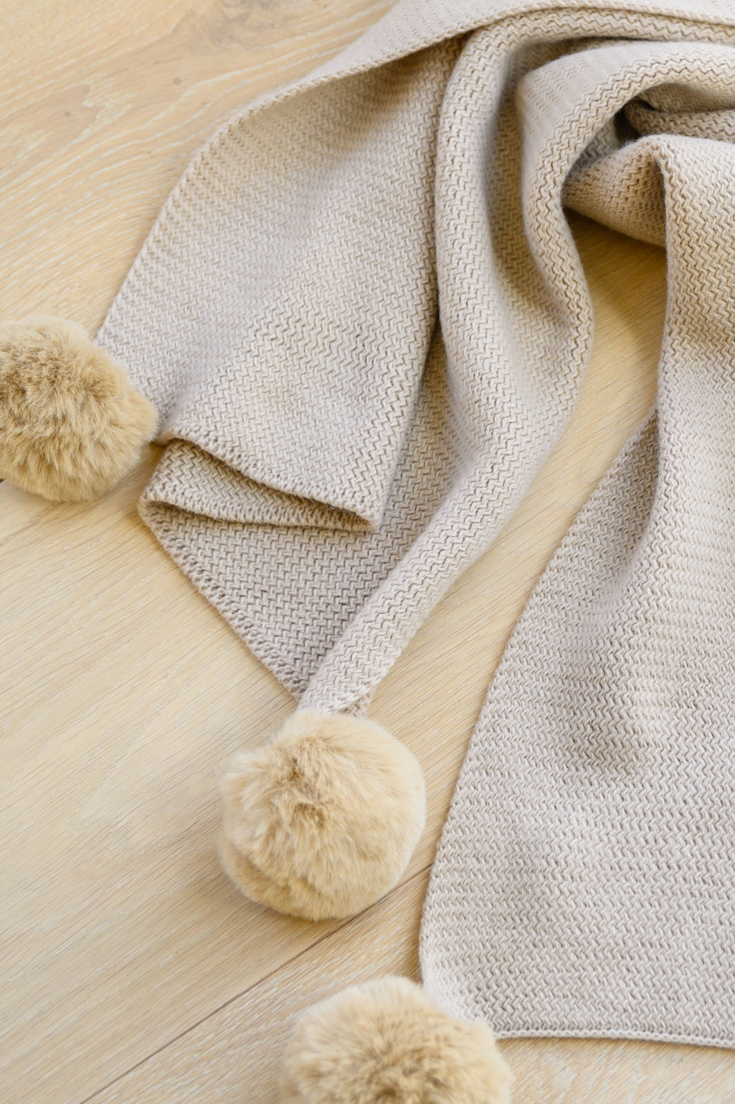 Knitted Fuzzy Pom Pom Scarf In Beige - FamFancy Boutique