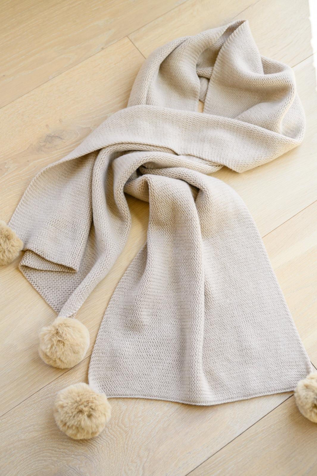 Knitted Fuzzy Pom Pom Scarf In Beige - FamFancy Boutique