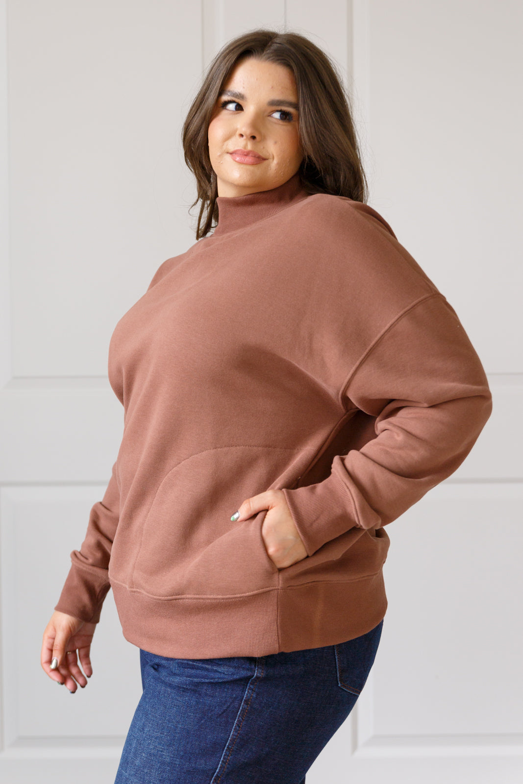 Leena Mock Neck Pullover in Cocoa - FamFancy Boutique