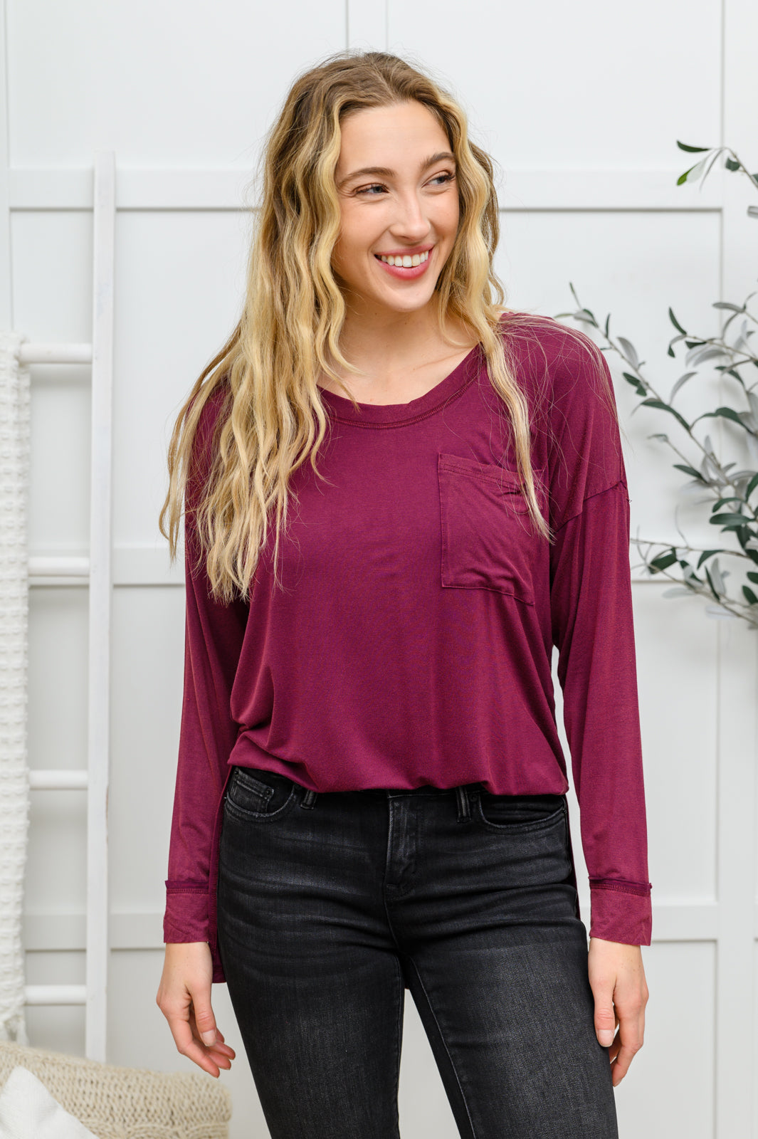 Long Sleeve Knit Top With Pocket In Burgundy - FamFancy Boutique