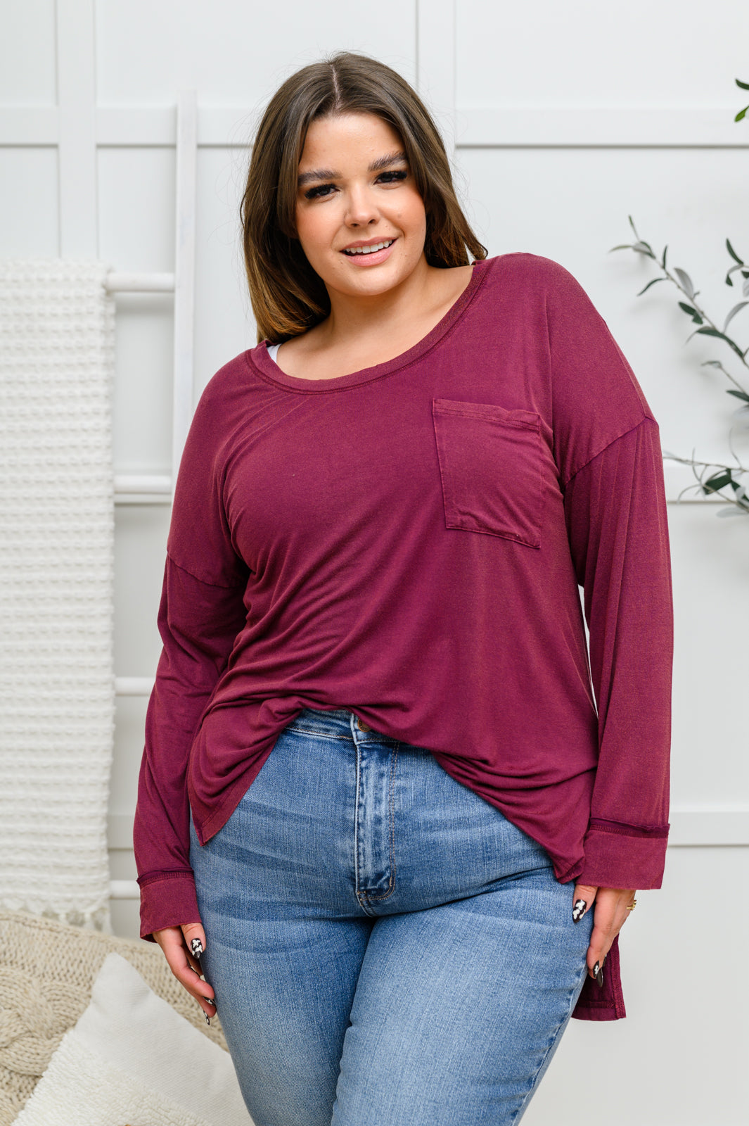 Long Sleeve Knit Top With Pocket In Burgundy - FamFancy Boutique