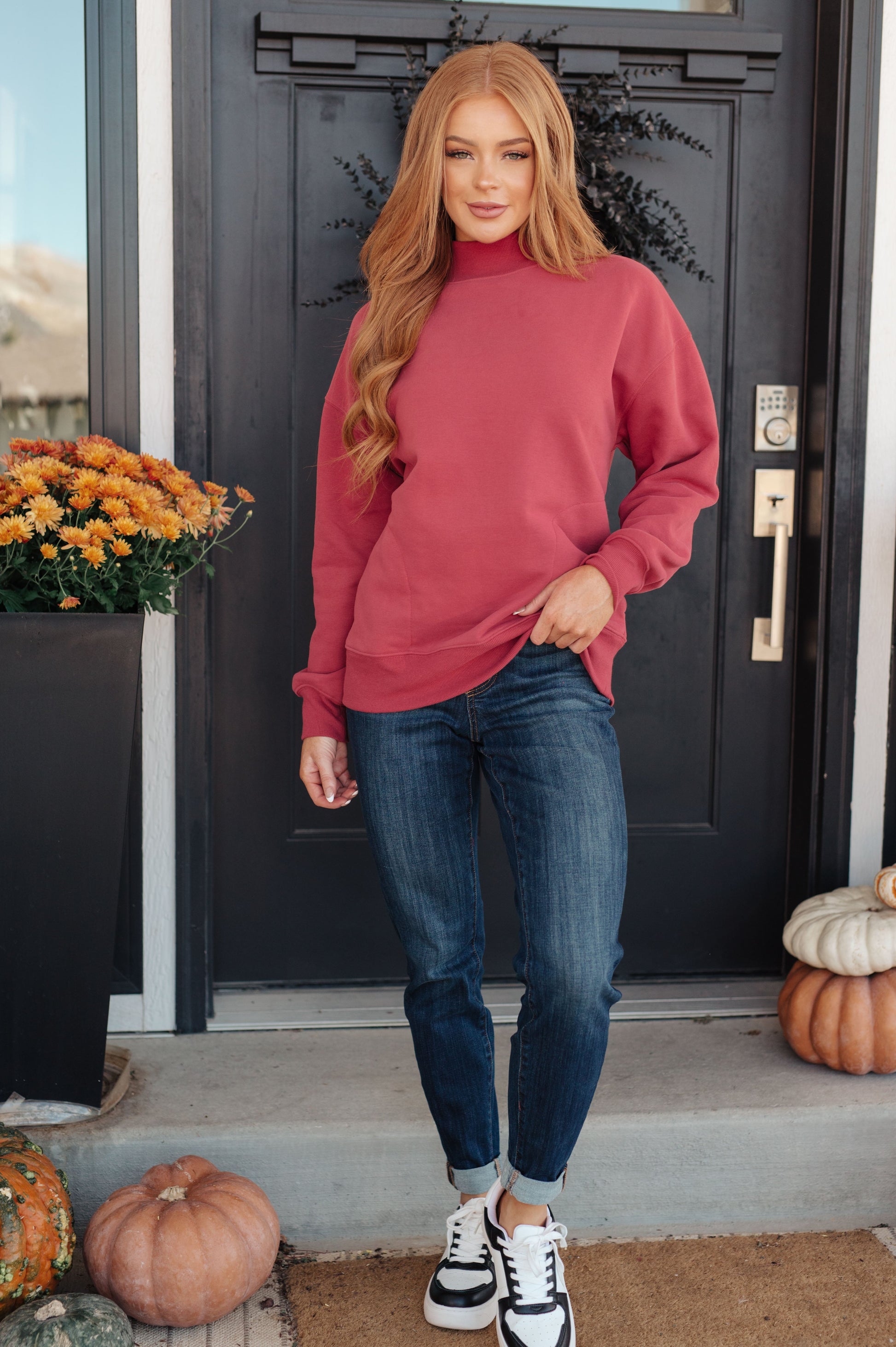 Make No Mistake Mock Neck Pullover in Cranberry - FamFancy Boutique