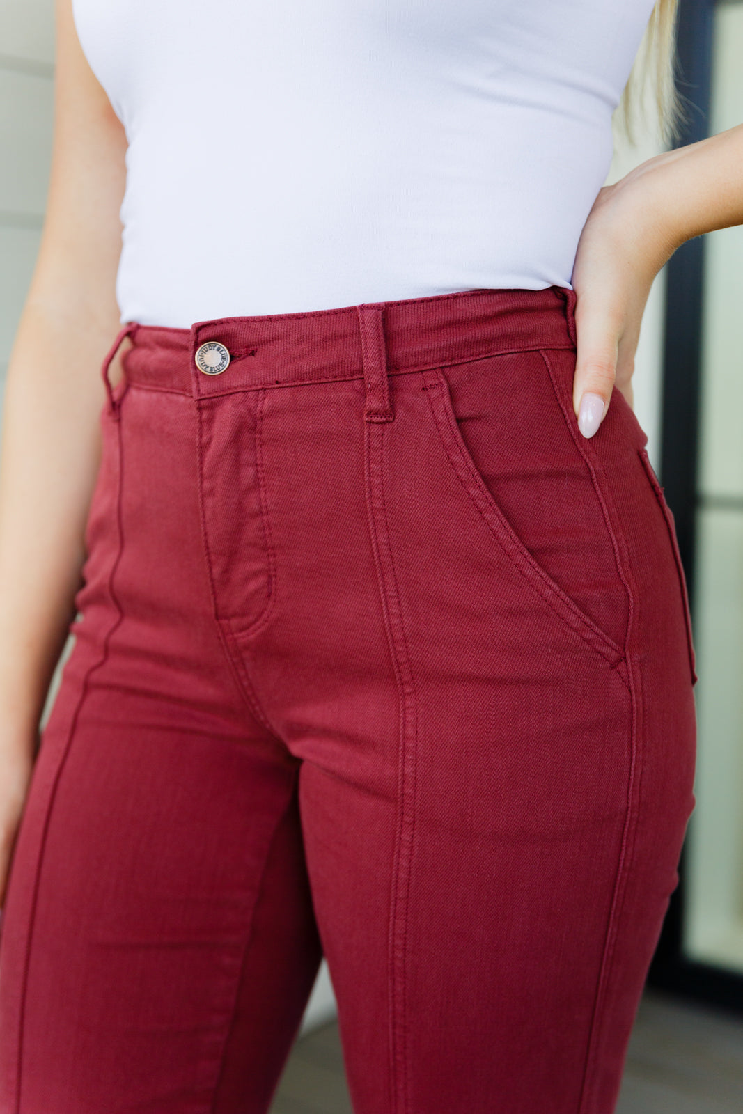 Phoebe High Rise Front Seam Straight Jeans in Burgundy - FamFancy Boutique