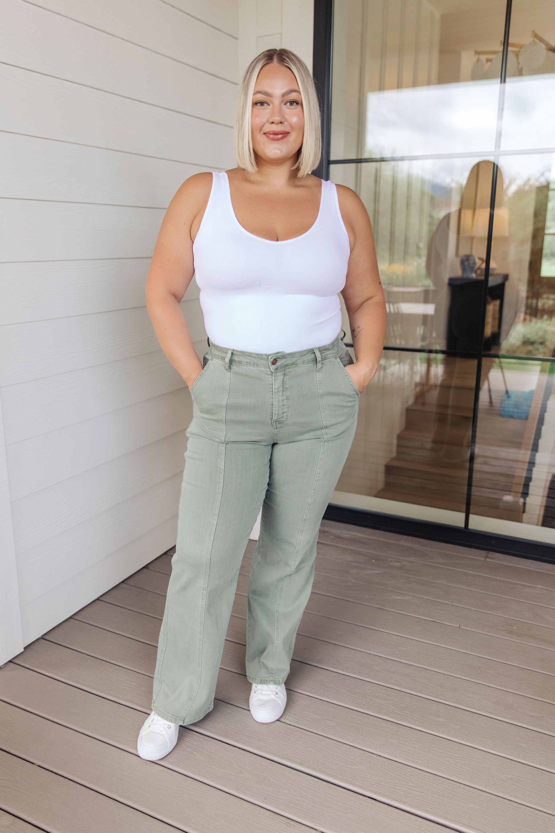 Phoebe High Rise Front Seam Straight Jeans in Sage - FamFancy Boutique