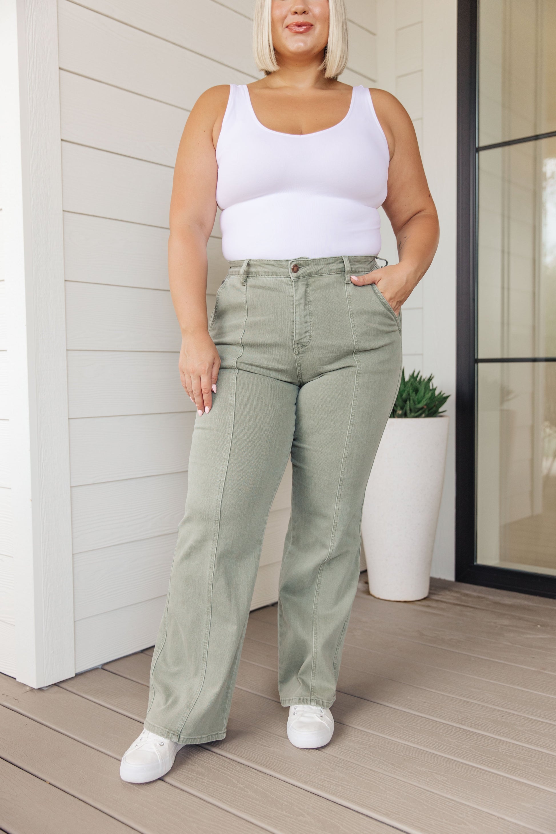 Phoebe High Rise Front Seam Straight Jeans in Sage - FamFancy Boutique