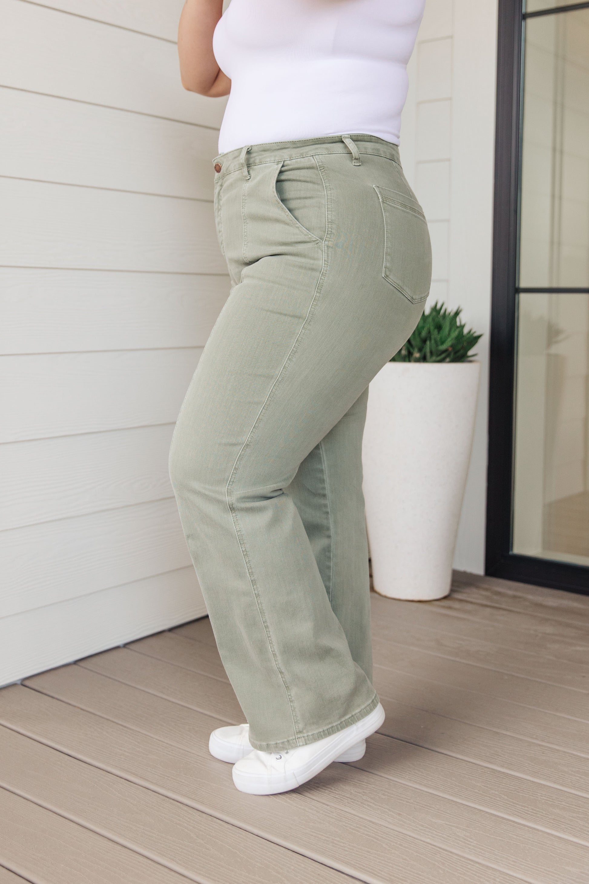 Phoebe High Rise Front Seam Straight Jeans in Sage - FamFancy Boutique