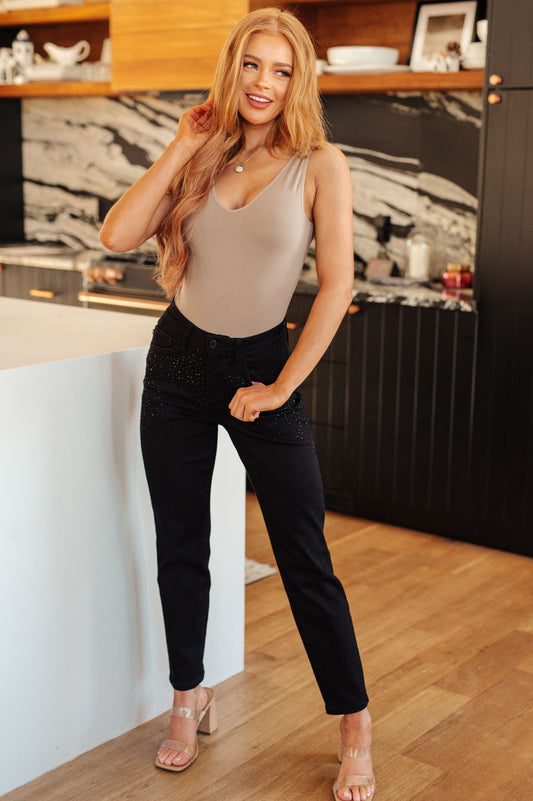 Reese Rhinestone Slim Fit Jeans in Black - FamFancy Boutique