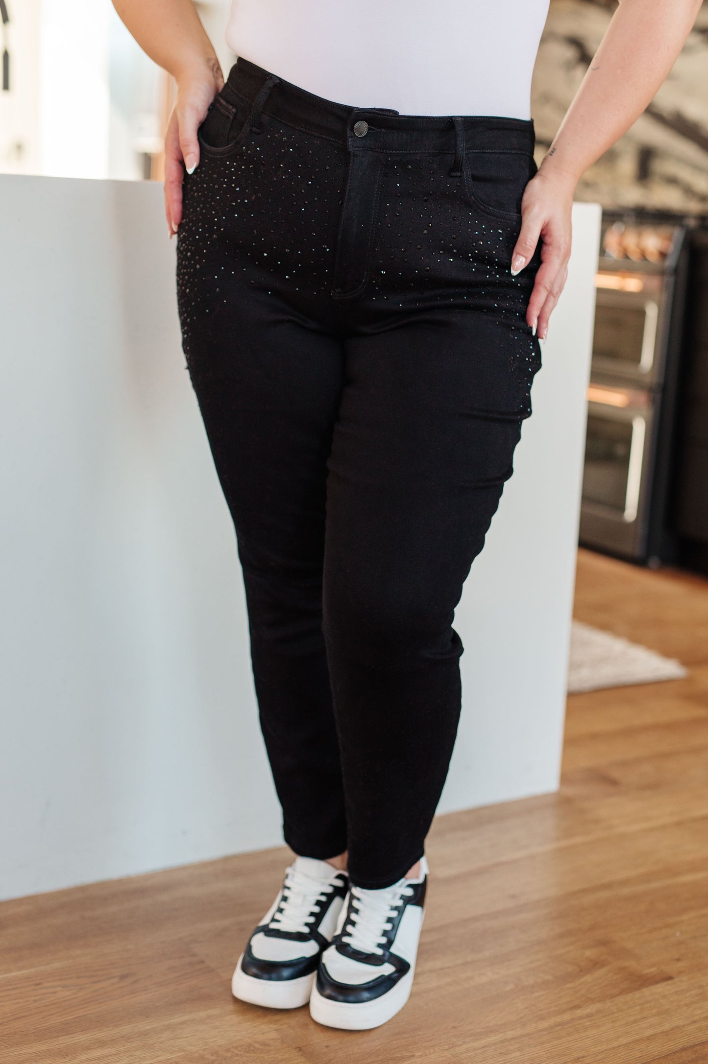 Reese Rhinestone Slim Fit Jeans in Black - FamFancy Boutique