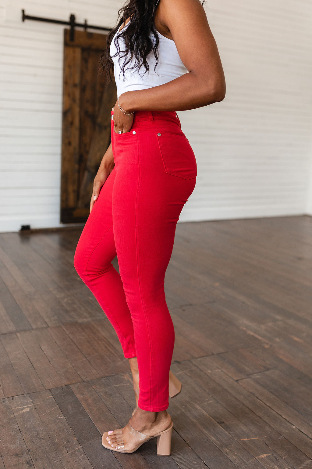 Ruby High Rise Control Top Garment Dyed Skinny Jeans in Red - FamFancy Boutique