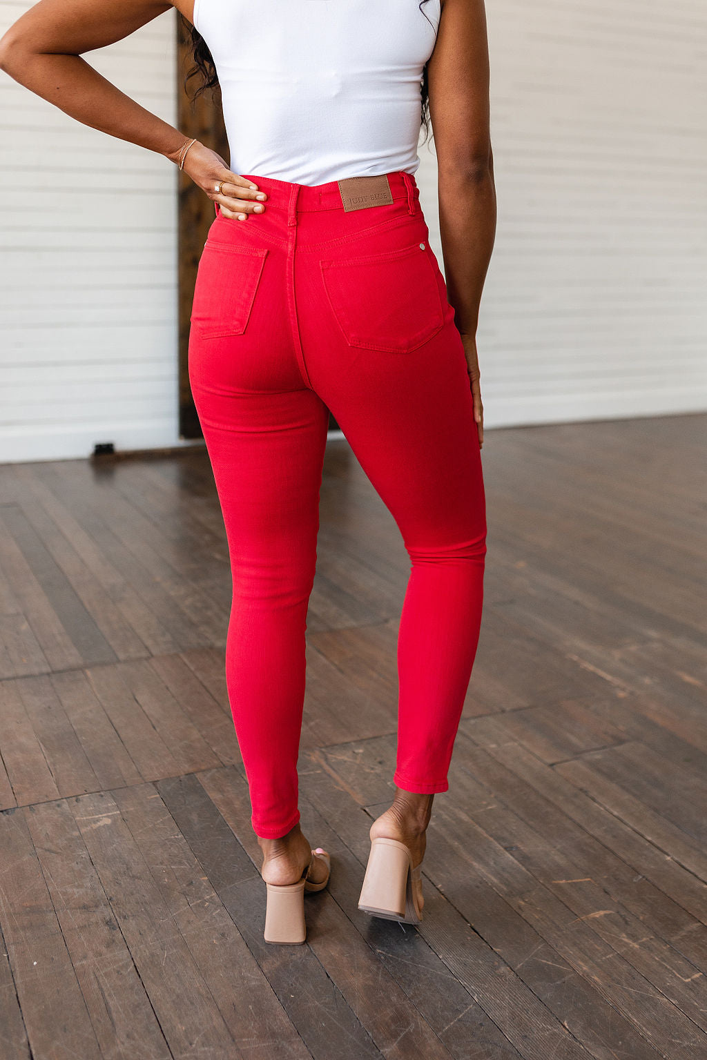 Ruby High Rise Control Top Garment Dyed Skinny Jeans in Red - FamFancy Boutique