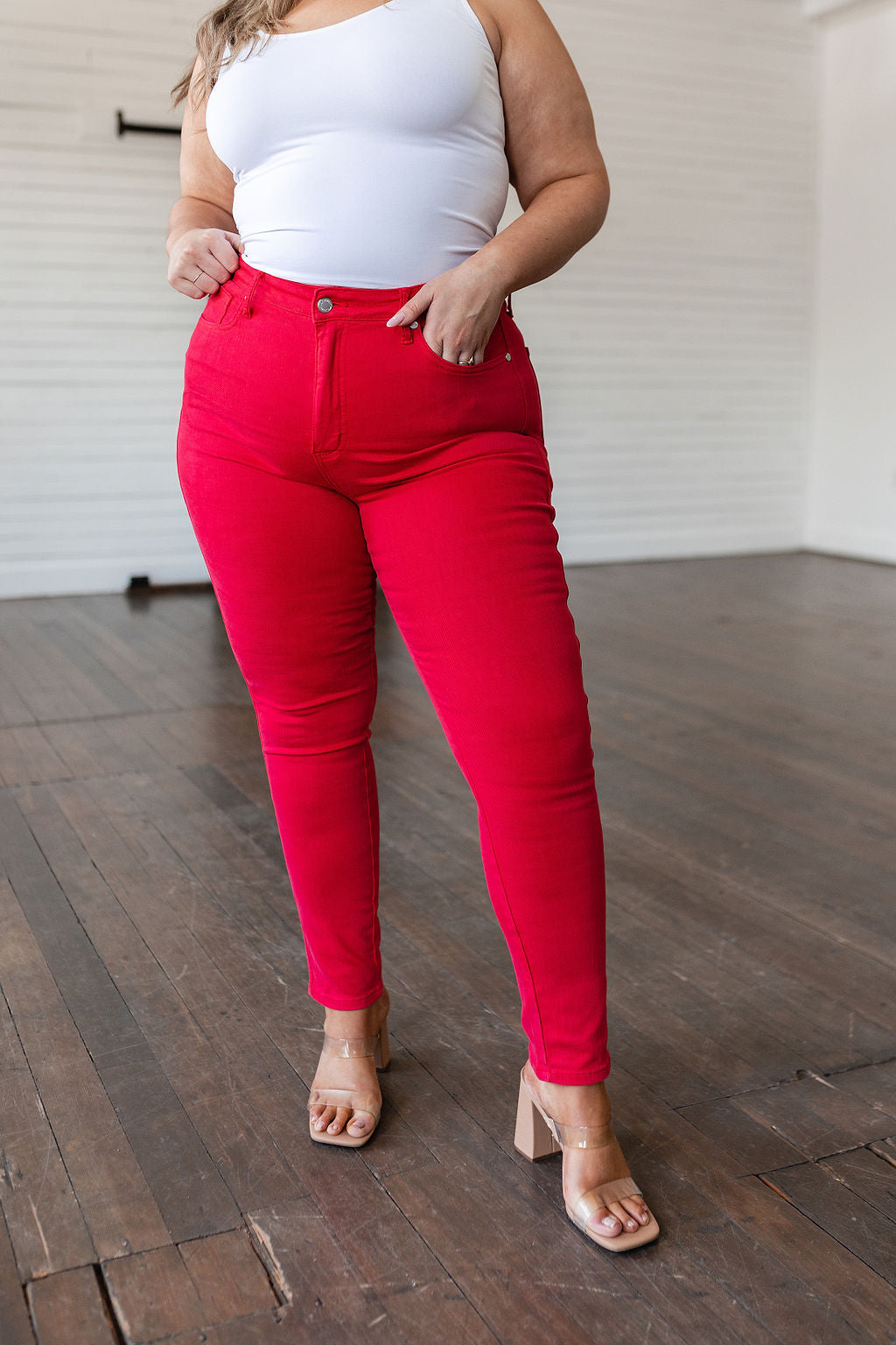 Ruby High Rise Control Top Garment Dyed Skinny Jeans in Red - FamFancy Boutique