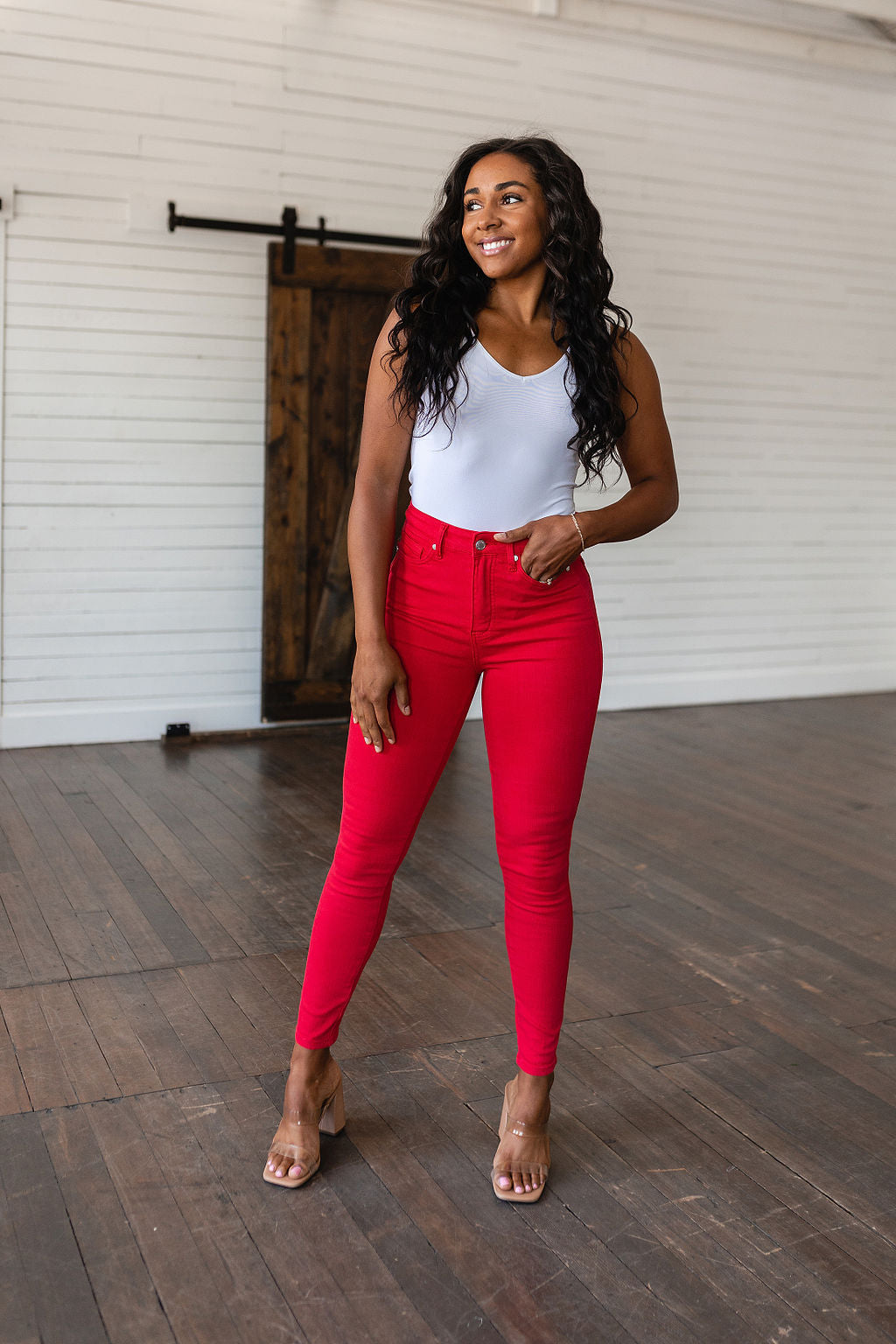 Ruby High Rise Control Top Garment Dyed Skinny Jeans in Red - FamFancy Boutique