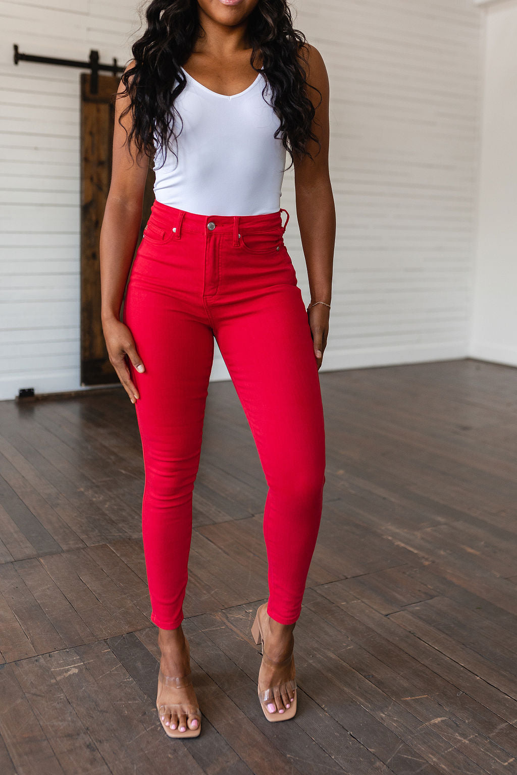 Ruby High Rise Control Top Garment Dyed Skinny Jeans in Red - FamFancy Boutique