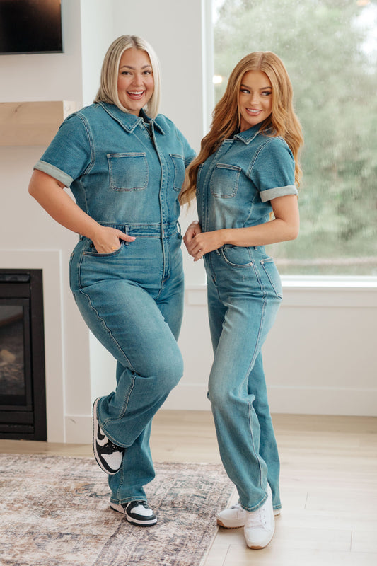 Sylvia Short Sleeve Denim Jumpsuit - FamFancy Boutique