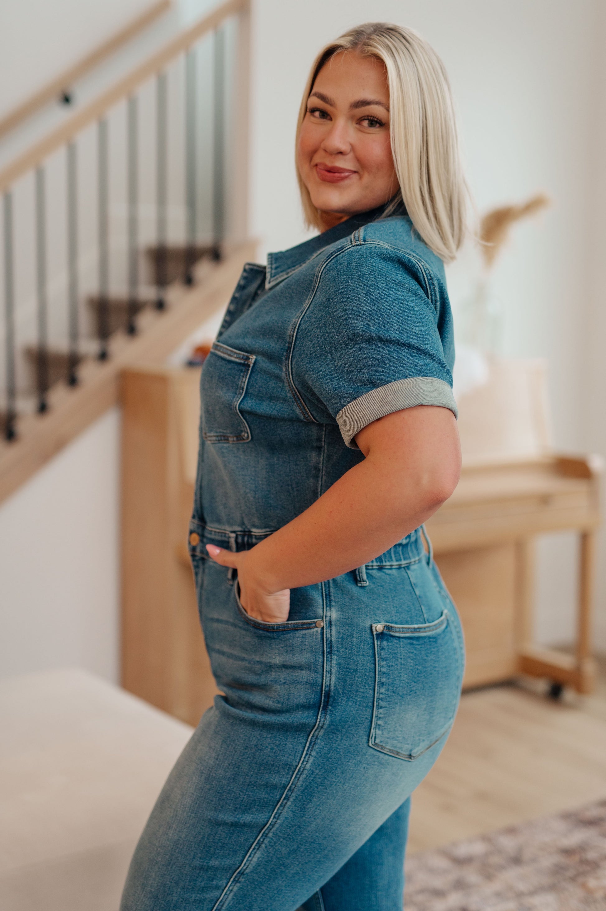 Sylvia Short Sleeve Denim Jumpsuit - FamFancy Boutique