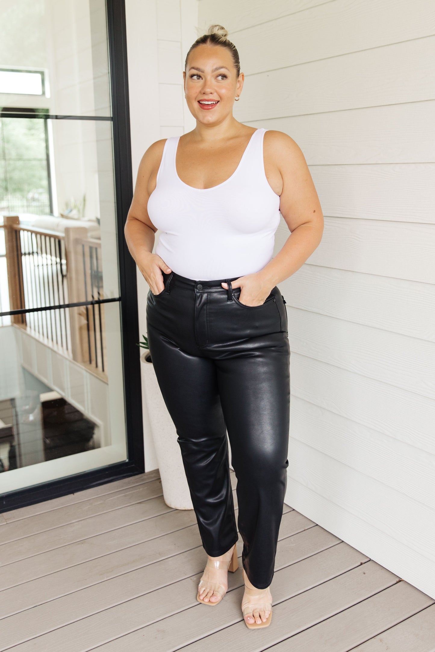 Tanya Control Top Faux Leather Pants in Black - FamFancy Boutique