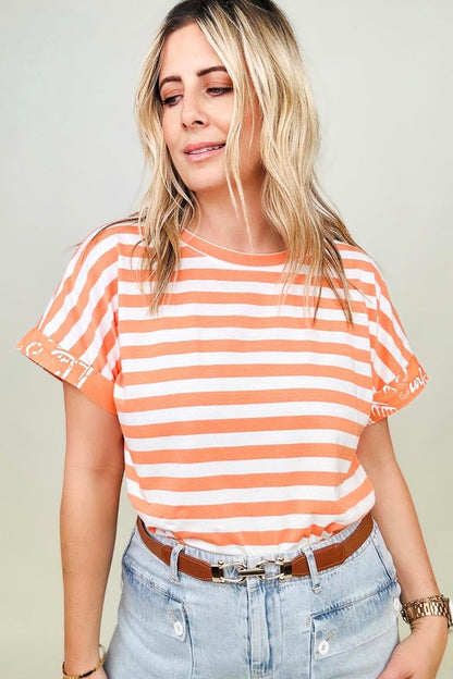 Cotton Bleu Striped Oversized Top With Contrast Cuffed Sleeve